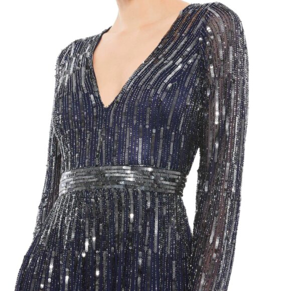 MAC DUGGAL 4977 SEQUINED V-NECK ILLUSIONS SLEEVE A-LINE MIDNIGHT NAVY GOWN sz 18 - Picture 2 of 3